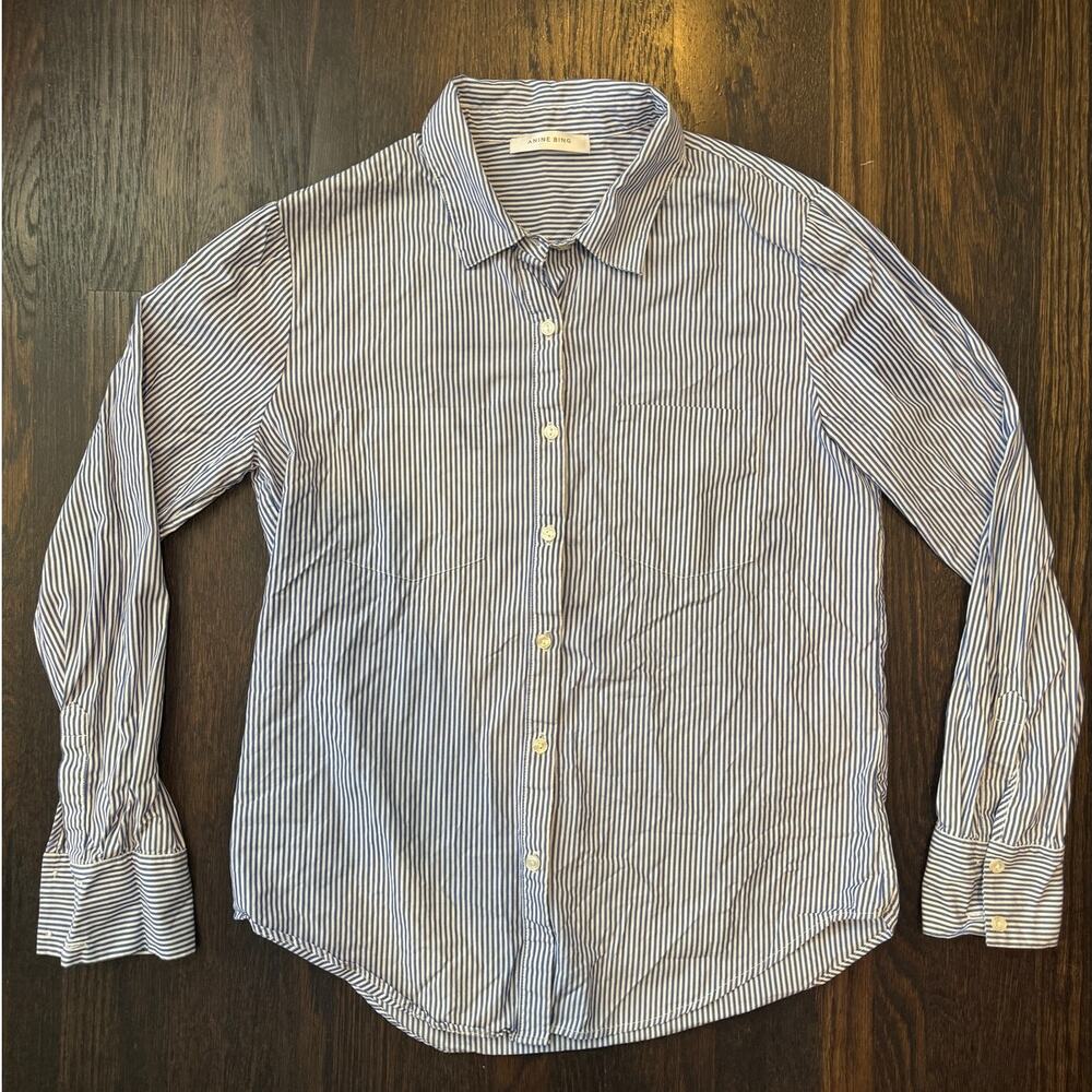 Anine Bing | Blue White Pinstripe Cotton Poplin Button-Up Shirt XS - Picture 2 of 7